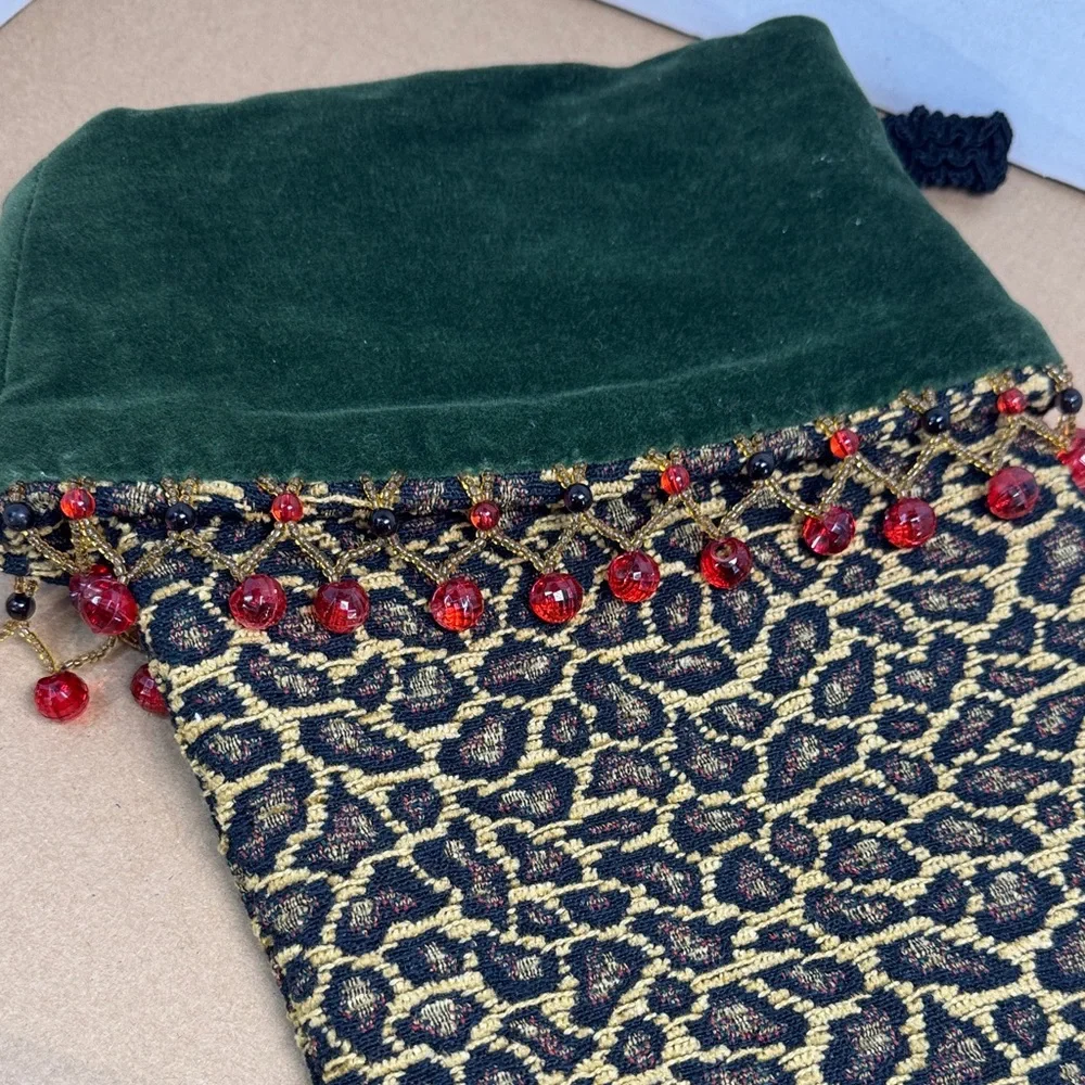Pair of Swanky Tapestry Christmas Stockings Leopard Checkered Print Velvet Beads